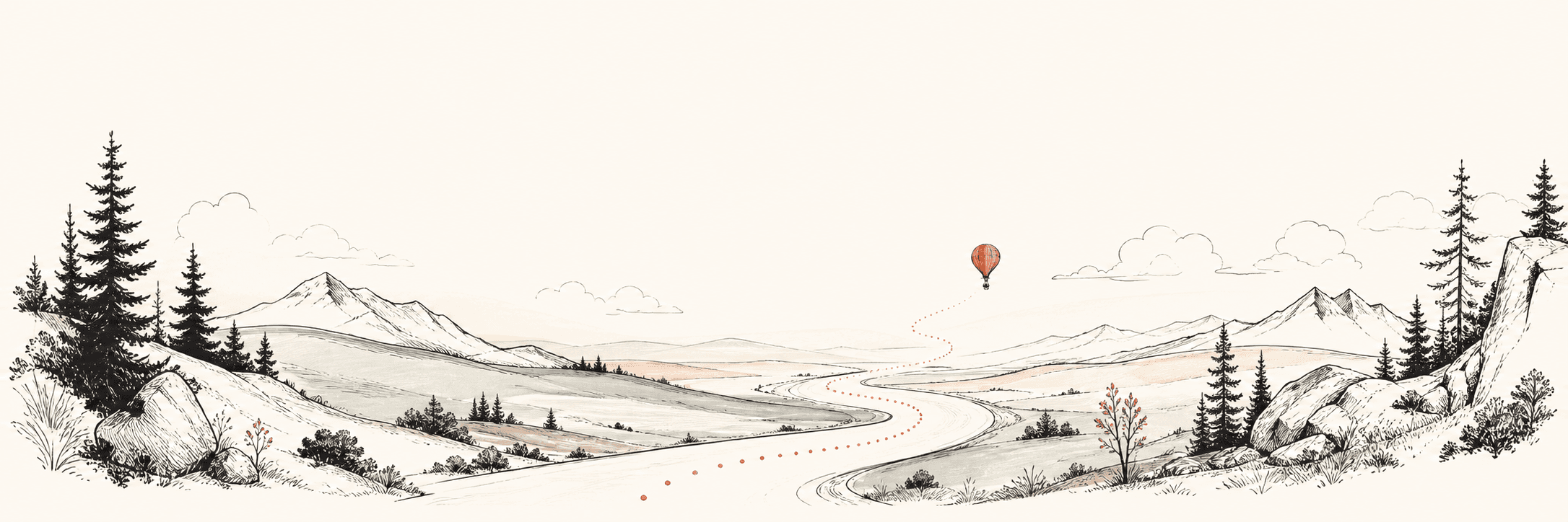 Hand-drawn mountain landscape with a winding road and hot-air balloon